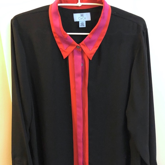 CeCe Black Blouse w/ Coral & Fuchsia Accents - Lg - Picture 3 of 3